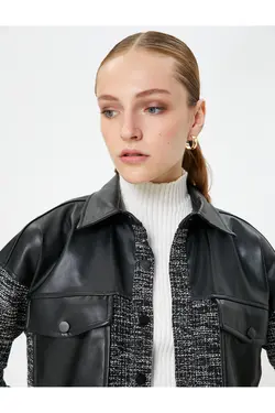 کت توید سایز بزرگ با جزئیات ظاهری چرمی و جیب های فلپ - یاری شاپ