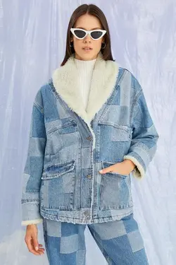 کت جین بلوک خز مصنوعی زنانه 3wal50052md - یاری شاپ