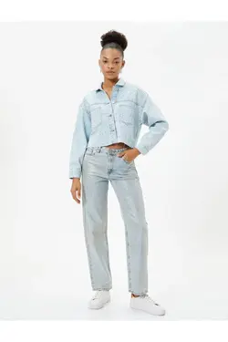 کت جین سنگی یقه پیراهن برش راحت با جیب با جزئیات - یاری شاپ