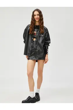 کت چرمی یقه پیراهن با جیب های بزرگ - یاری شاپ