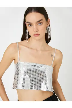 لباس شب متالیک پولک دار با یقه مربع بند نازک - یاری شاپ