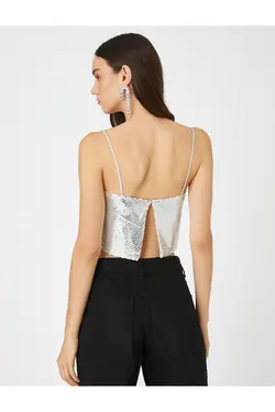 لباس شب متالیک پولک دار با یقه مربع بند نازک - یاری شاپ