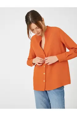 یقه پیراهن آستین بلند کتانی دکمه دار ترکیبی - یاری شاپ