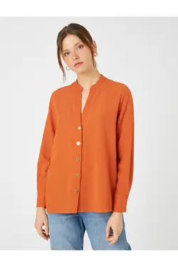 یقه پیراهن آستین بلند کتانی دکمه دار ترکیبی - یاری شاپ