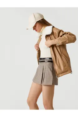 یقه ژاکت چرم با جزئیات جیب خز مصنوعی - یاری شاپ