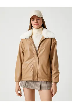 یقه ژاکت چرم با جزئیات جیب خز مصنوعی - یاری شاپ