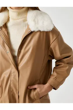 یقه ژاکت چرم با جزئیات جیب خز مصنوعی - یاری شاپ