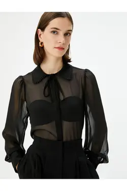 یقه کراوات آستین بلند پیراهن شیفون شفاف - یاری شاپ