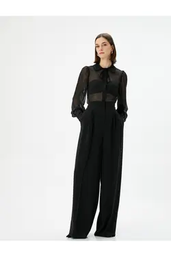 یقه کراوات آستین بلند پیراهن شیفون شفاف - یاری شاپ