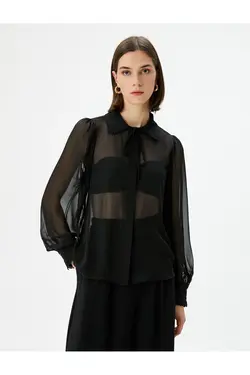 یقه کراوات آستین بلند پیراهن شیفون شفاف - یاری شاپ