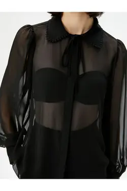 یقه کراوات آستین بلند پیراهن شیفون شفاف - یاری شاپ