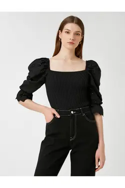 یقه مربع ژاکت بافتنی آجدار دقیق - یاری شاپ