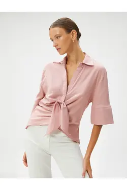 پیراهن آستین کوتاه با جزییات کراوات نامتقارن - یاری شاپ