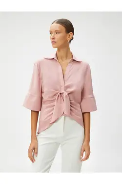 پیراهن آستین کوتاه با جزییات کراوات نامتقارن - یاری شاپ