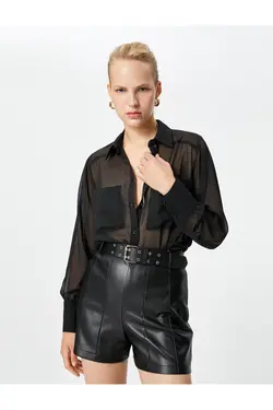 پیراهن ابریشمی آستین بلند دکمه دار با جزئیات جیب - یاری شاپ