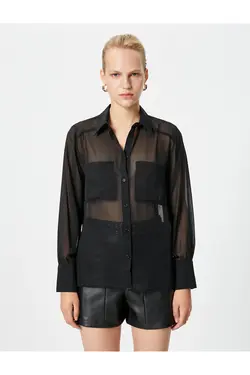 پیراهن ابریشمی آستین بلند دکمه دار با جزئیات جیب - یاری شاپ