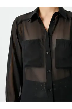 پیراهن ابریشمی آستین بلند دکمه دار با جزئیات جیب - یاری شاپ