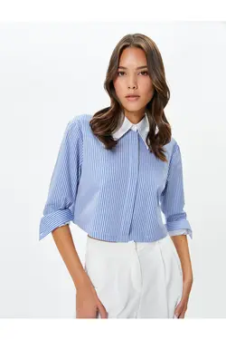 پیراهن برش دکمه دار یقه آستین بلند با تناسب منظم - یاری شاپ