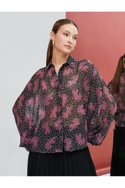 پیراهن پارچه ابریشمی گلدار یقه دکمه آستین بلند - یاری شاپ