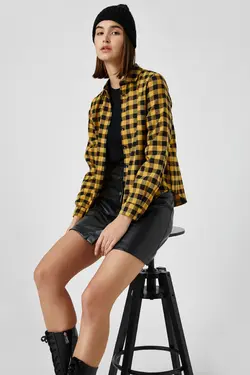 پیراهن چهارخانه زنانه زرد 1KAL68018IW - یاری شاپ