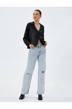 پیراهن ساتن کلاسیک آستین بلند دکمه دار یقه V - یاری شاپ