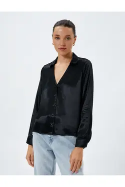 پیراهن ساتن کلاسیک آستین بلند دکمه دار یقه V - یاری شاپ