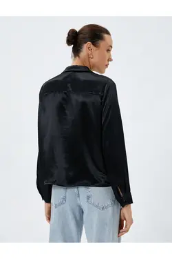 پیراهن ساتن کلاسیک آستین بلند دکمه دار یقه V - یاری شاپ