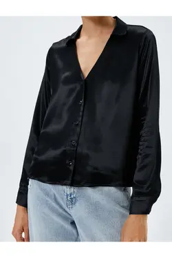 پیراهن ساتن کلاسیک آستین بلند دکمه دار یقه V - یاری شاپ