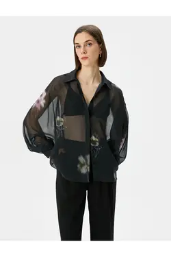 پیراهن شفاف با دکمه های گلدار و آستین خفاشی - یاری شاپ