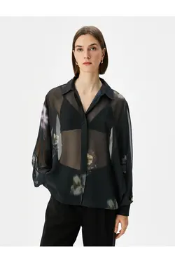 پیراهن شفاف با دکمه های گلدار و آستین خفاشی - یاری شاپ