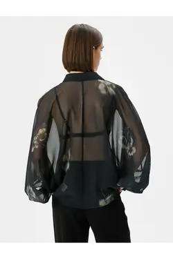 پیراهن شفاف با دکمه های گلدار و آستین خفاشی - یاری شاپ