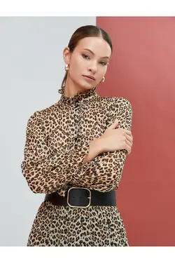 پیراهن شیفون طرح پلنگ یقه آستین بلند - یاری شاپ