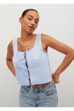 تاپ کراپ پنبه ای پاپیونی آسمانی زنانه - یاری شاپ