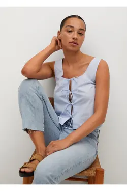 تاپ کراپ پنبه ای پاپیونی آسمانی زنانه - یاری شاپ