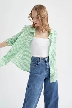 تونیک پیراهن پیراهن آستین بلند با طرح مربع منظم - یاری شاپ