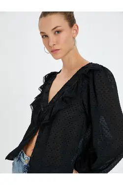 دکمه های بالون آستین V-یقه پیراهن ابریشمی - یاری شاپ