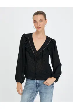 دکمه های بالون آستین V-یقه پیراهن ابریشمی - یاری شاپ