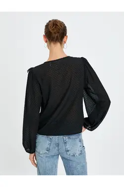 دکمه های بالون آستین V-یقه پیراهن ابریشمی - یاری شاپ