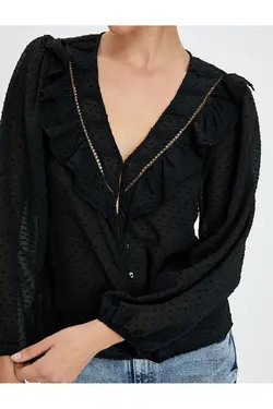 دکمه های بالون آستین V-یقه پیراهن ابریشمی - یاری شاپ