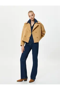 ژاکت کوتاه دوخته شده با جیب دکمه دار دو سینه با جزئیات - یاری شاپ