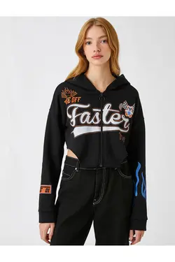 سویشرت کراپ زیپ دار با چاپ پشمی داخل - یاری شاپ