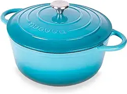 اجاق هلندی چدنی با درب – قابلمه نچسب میناکاری شده نسوز، قابل فر تا دمای 500 درجه فارنهایت – ظروف اجاق گاز هلندی محکم – آبی، 6.4 کوارت، 28 سانتی متر – توسط Nuovva