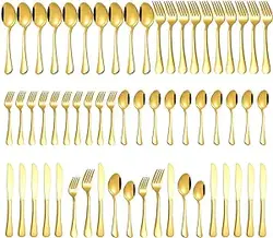ست 12 عددی ظروف نقره ای طلایی، ست ظروف تخت فولادی براق 60 عددی Compralo، ست ظروف کارد و چنگال طلایی شامل قاشق، چنگال، چاقو برای منزل و رستوران