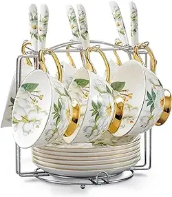 ست چای 19 تکه قهوه با لبه طلایی Bone China ست قاشق نعلبکی و سرویس نگهدارنده فلزی نقره ای برای 6 نفر، هدایای روز مادر
