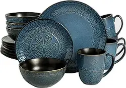 سرویس ظروف غذاخوری Gibson Elite Milanto Round Embossed Reactive Glaze Stone ظروف غذاخوری، سرویس چهار نفره (16 عدد)، آبی