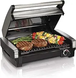 کباب پز برقی داخلی همیلتون بیچ با کنترل دمای قابل تنظیم تا 450 درجه فارنهایت، رنده نچسب قابل جابجایی، 118 اینچ مربع. سطح سرویس 6، فولاد ضد زنگ