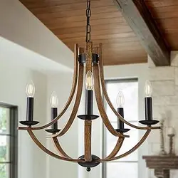 لوستر چوبی خانه مزرعه YOMECOO، لوستر 22 اینچی به سبک شمع قدیمی با پوشش چوبی، لوستر صنعتی رترو روستیک مشکی برای اتاق غذاخوری، جزیره آشپزخانه، اتاق نشیمن، بار، E12
