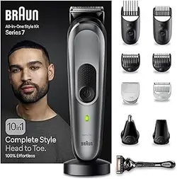 کیت مدل Braun 10 in 1 7 MGK 7420 ریش، بدن، مو. با تیغه فلزی، مدت زمان اجرا 100 دقیقه، کیسه، کیت چند نظافتی همه در یک - نقره ای