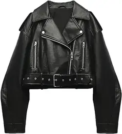 LY VAREY LIN زنانه چرم مصنوعی ژاکت برگردان زیپ کت کوتاه دوچرخه سواری با کمربند