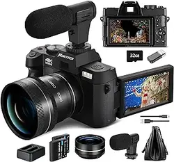 دوربین‌های دیجیتال Mo برای عکاسی و فیلم‌برداری 4K، دوربین ویدئویی 48 مگاپیکسلی برای YouTube با صفحه نمایش چرخشی 180 درجه، زوم دیجیتال 16 برابر، فلاش و فوکوس خودکار، زاویه دید عریض و لنز ماکرو 52 میلی‌متری، 2 باتری، کارت SD 32 گیگابایتی (مشکی)